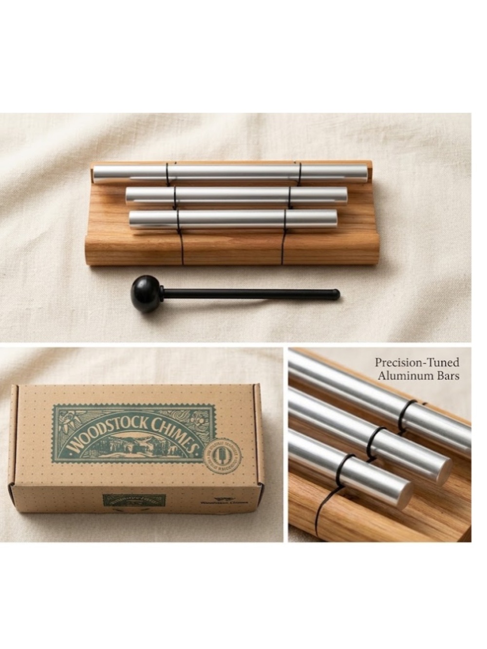 Woodstock Chimes Meditation Chime Set Cherry Ash Wood & 3 Polished Aluminum Rods